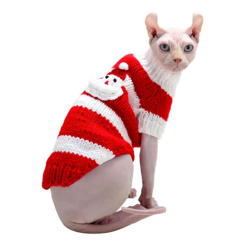 Hairless cat warm sweater Pet Zen red and white striped knit with Santa applique on Tampa Home & Garden Store