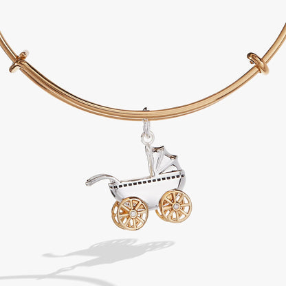 Baby Carriage Bangle bracelet by ALEX AND ANI, gold-tone with white enamel carriage charm on Tampa Home & Garden Store