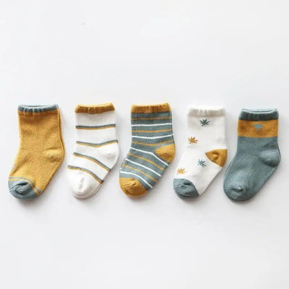 Baby girls cotton cartoon autumn socks, 5-pair set in mustard, white, gray and teal with stripes on Tampa Home & Garden Store