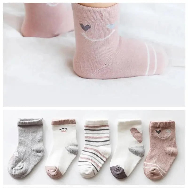 Stevvex baby girls cotton cartoon autumn socks set in pastel pink, gray and striped white on Tampa Home & Garden Store