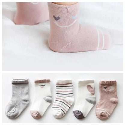 Stevvex baby girls cotton cartoon autumn socks set in pastel pink, gray and striped white on Tampa Home & Garden Store