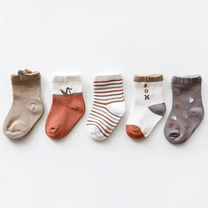 Stevvex Baby Girls Cotton Cartoon Autumn Socks, 5-pair set in beige and rust, soft material on Tampa Home & Garden Store