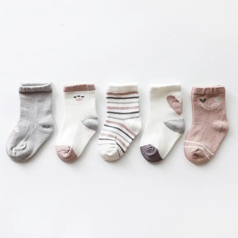 Baby girls cotton autumn socks set of 5 in pastel gray, white, striped, and pink with hearts on Tampa Home & Garden Store