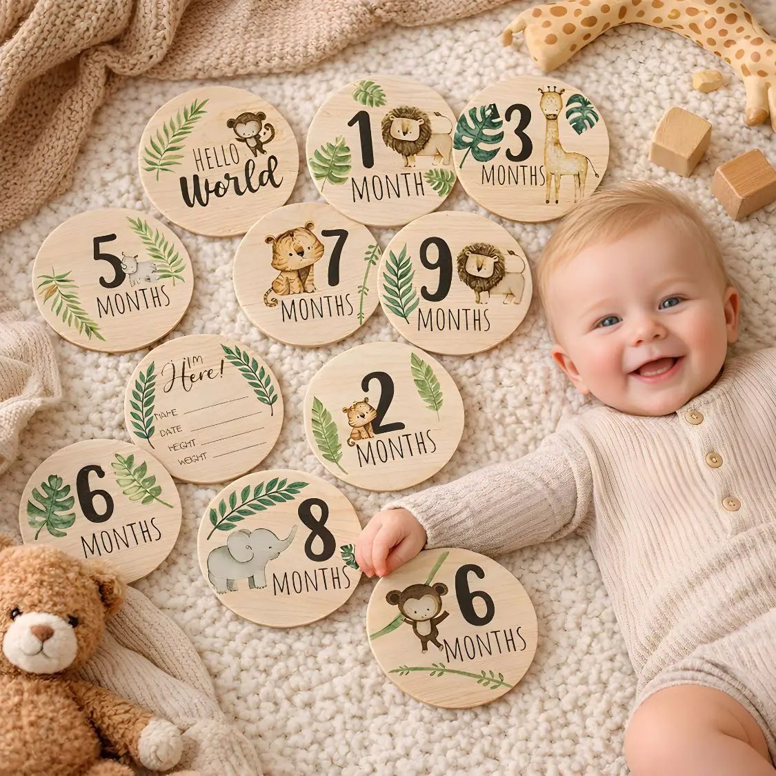 Wooden baby milestone cards Safari Jungle set Little Treasures, 7 double-sided monthly props on Tampa Home & Garden Store