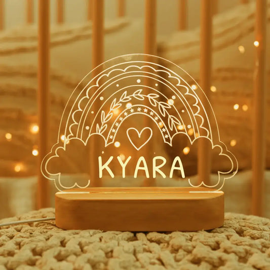 Rainbow USB Night Light with amber acrylic arc and KYARA text on wooden base on Tampa Home & Garden Store