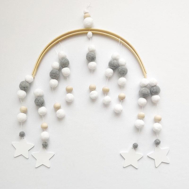 Baby Nordic Wooden Beads Wind Chimes Crib Mobile by Stevvex with white gray beige wool balls on Tampa Home & Garden Store