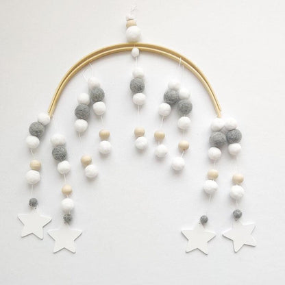 Baby Nordic Wooden Beads Wind Chimes Crib Mobile by Stevvex with white gray beige wool balls on Tampa Home & Garden Store