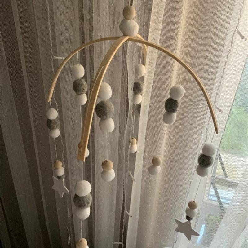 Stevvex Baby Nordic beads wind chime crib mobile with white gray wool balls and stars on Tampa Home & Garden Store