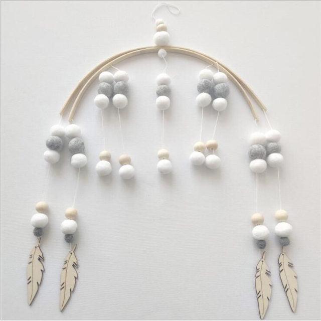 Baby Nordic wooden beads wind chimes crib mobile with wool balls and feather charms by Stevvex on Tampa Home & Garden Store