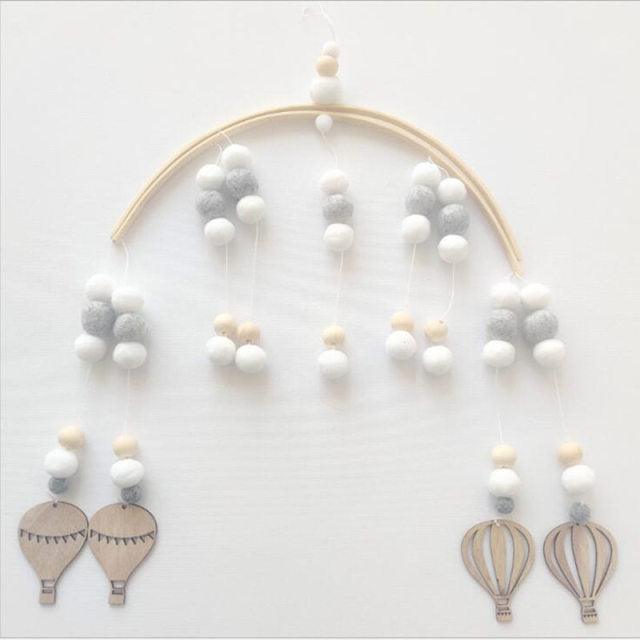 Stevvex Baby wooden beads wind chime mobile with wool balls, white grey beige on Tampa Home & Garden Store