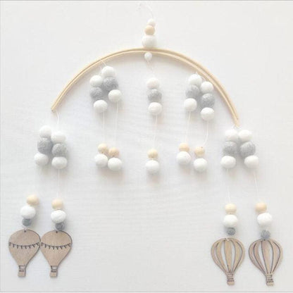 Stevvex Baby wooden beads wind chime mobile with wool balls, white grey beige on Tampa Home & Garden Store