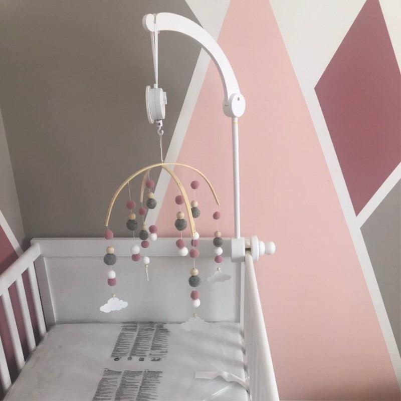 Stevvex Nordic wooden bead wind chime mobile with wool balls for crib, white pink gray on Tampa Home & Garden Store