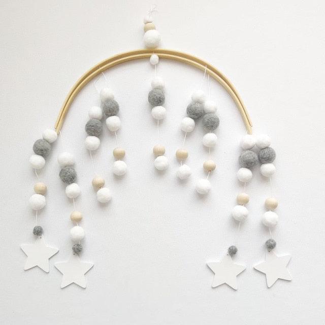 Baby Nordic beads wind chime mobile with white gray wool balls and stars under curved arch on Tampa Home & Garden Store