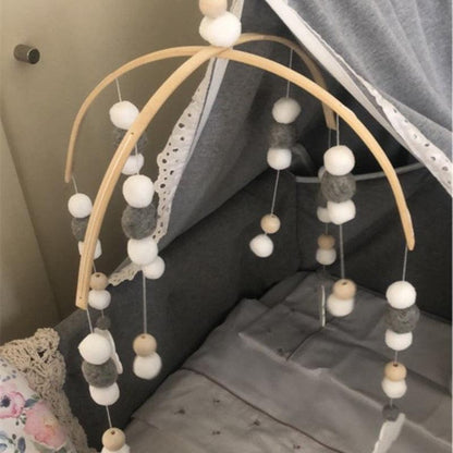 Baby Nordic wooden beads wind chime with white gray wool balls crib mobile on arches on Tampa Home & Garden Store