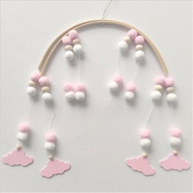 Baby Nordic wooden beads wind chimes nursery mobile with pink wool balls and clouds on arch on Tampa Home & Garden Store