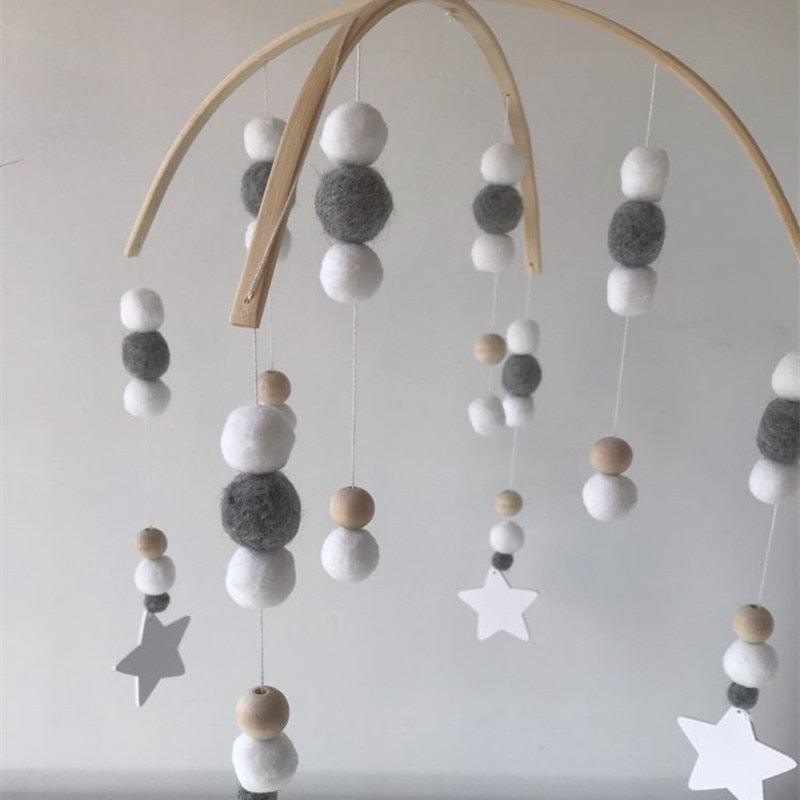 Baby Nordic wooden beads wind chime with white and grey wool balls nursery mobile Stevvex on Tampa Home & Garden Store