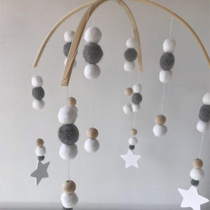 Baby Nordic wooden beads wind chime with white and grey wool balls nursery mobile Stevvex on Tampa Home & Garden Store