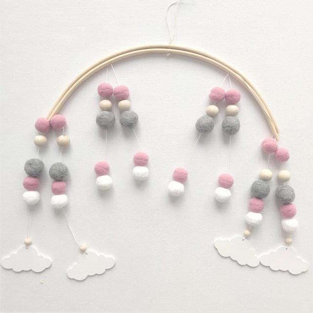 Baby Nordic Wooden Beads Wind Chimes Crib Mobile with pink gray white wool balls and clouds on Tampa Home & Garden Store