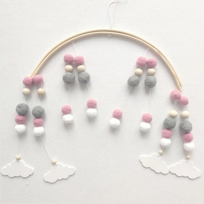 Baby Nordic Wooden Beads Wind Chimes Crib Mobile with pink gray white wool balls and clouds on Tampa Home & Garden Store
