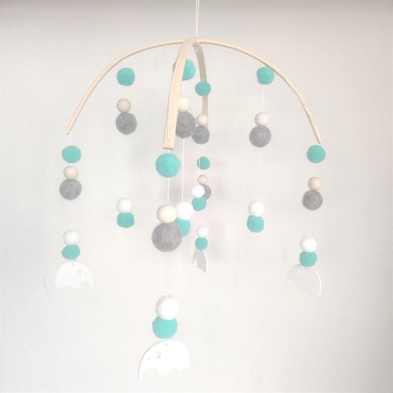 Stevvex baby Nordic wooden beads wind chime crib mobile with turquoise white and gray felt balls on Tampa Home & Garden Store