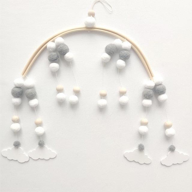 Baby Nordic Wooden Beads Crib Mobile Stevvex with white gray wool balls and cloud shapes on Tampa Home & Garden Store