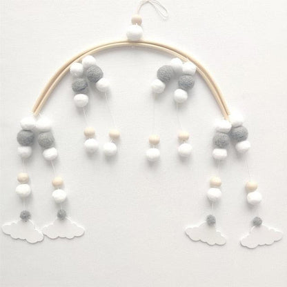 Baby Nordic Wooden Beads Crib Mobile Stevvex with white gray wool balls and cloud shapes on Tampa Home & Garden Store