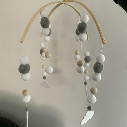 Crib mobile Stevvex Baby Nordic wooden beads wind chime with white/gray wool balls on arch on Tampa Home & Garden Store