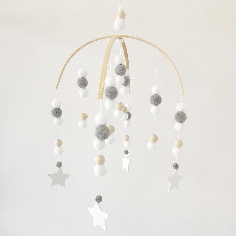 Stevvex Baby Nordic wooden beads wind chimes with wool balls crib mobile white gray felt beads stars on Tampa Home & Garden Store