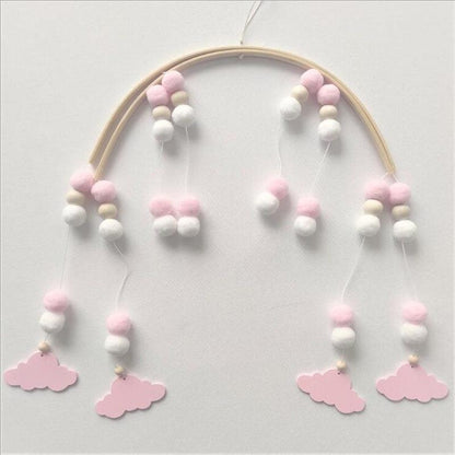 Baby Nordic wooden bead wind chime mobile by Stevvex with wool balls and cloud pendants on Tampa Home & Garden Store