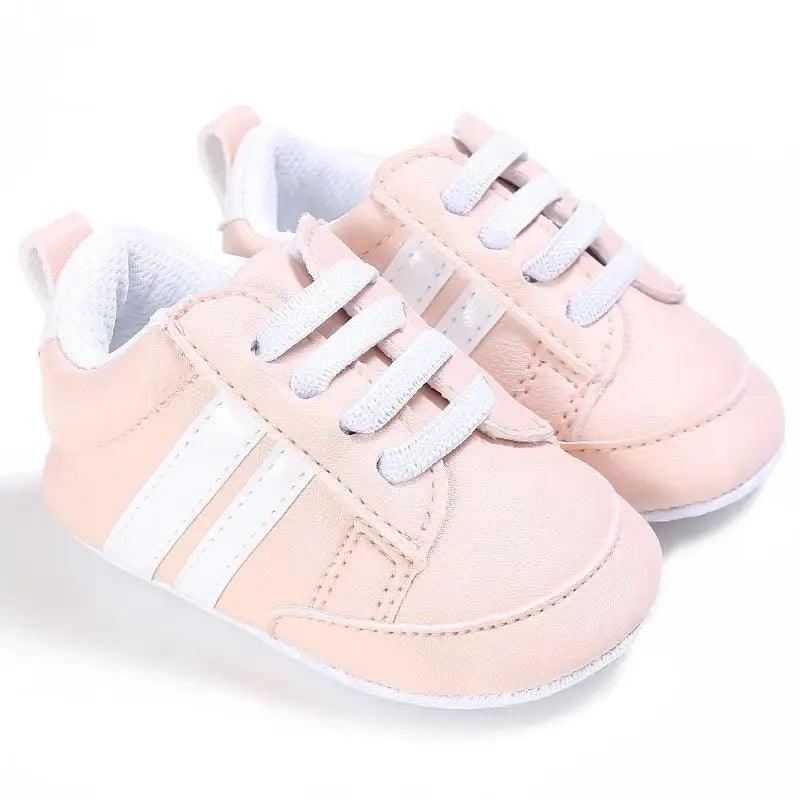 Stevvex baby shoes pink PU leather soft sole moccasins with white laces and stripes on Tampa Home & Garden Store