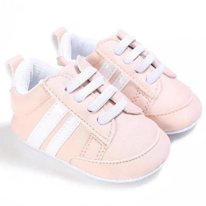 Stevvex baby shoes pink PU leather soft sole moccasins with white laces and stripes on Tampa Home & Garden Store