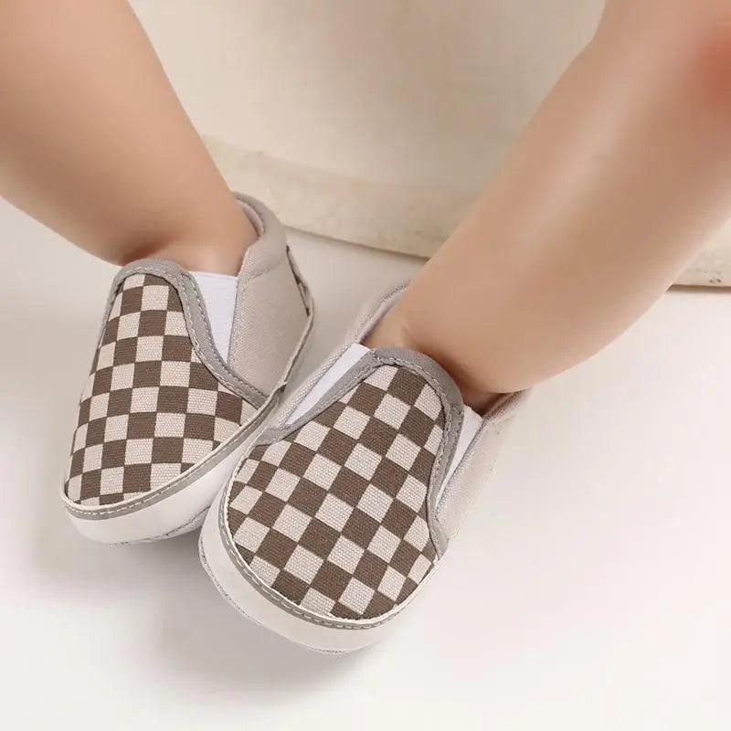 Stevvex baby shoes slip-on moccasins pair, brown and beige checkerboard PU leather on Tampa Home & Garden Store