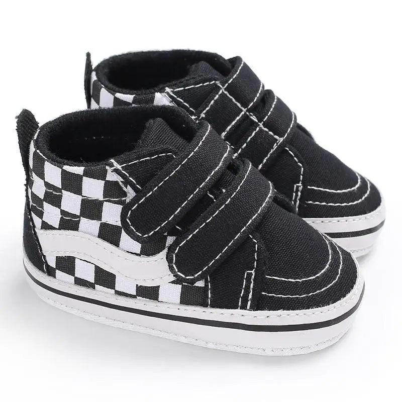 Stevvex baby shoes black PU leather sneakers with white checker panels and velcro straps on Tampa Home & Garden Store