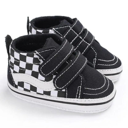 Stevvex baby shoes black PU leather sneakers with white checker panels and velcro straps on Tampa Home & Garden Store