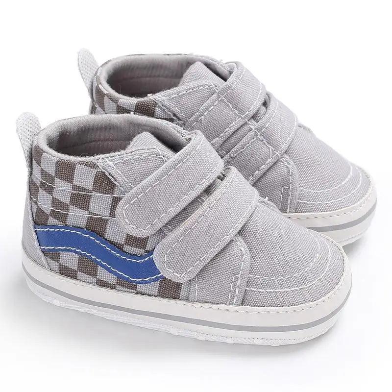 Stevvex baby moccasin sneakers gray canvas with blue stripe and checkered back straps, pair on Tampa Home & Garden Store