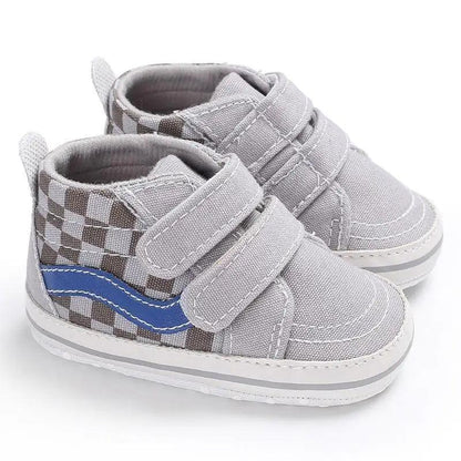 Stevvex baby moccasin sneakers gray canvas with blue stripe and checkered back straps, pair on Tampa Home & Garden Store