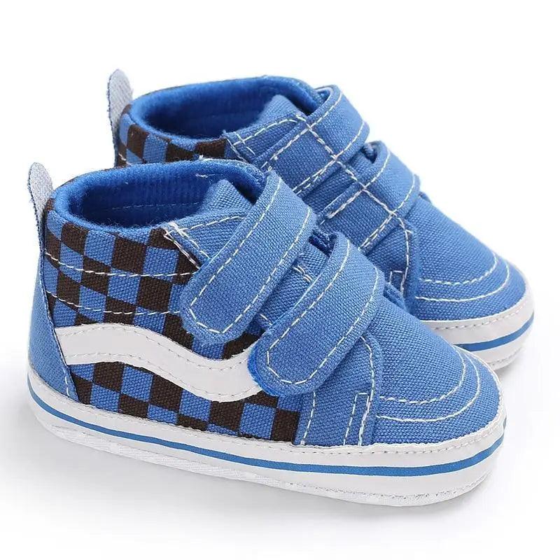 Stevvex baby shoes blue with two Velcro straps, white sole, blue checker side panels on Tampa Home & Garden Store