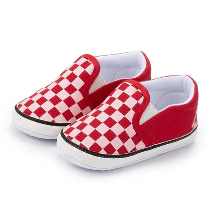Pair of baby shoes red and white checkerboard slip-on moccasins with soft PU leather sole on Tampa Home & Garden Store