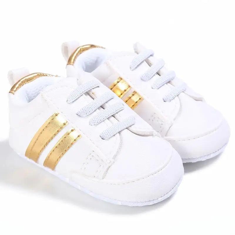 Baby shoes white PU leather soft sole with gold stripes, casual sneakers pair on Tampa Home & Garden Store