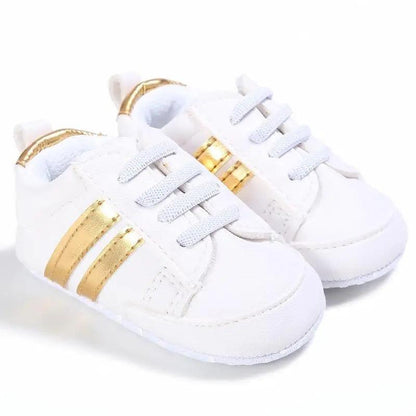 Baby shoes white PU leather soft sole with gold stripes, casual sneakers pair on Tampa Home & Garden Store
