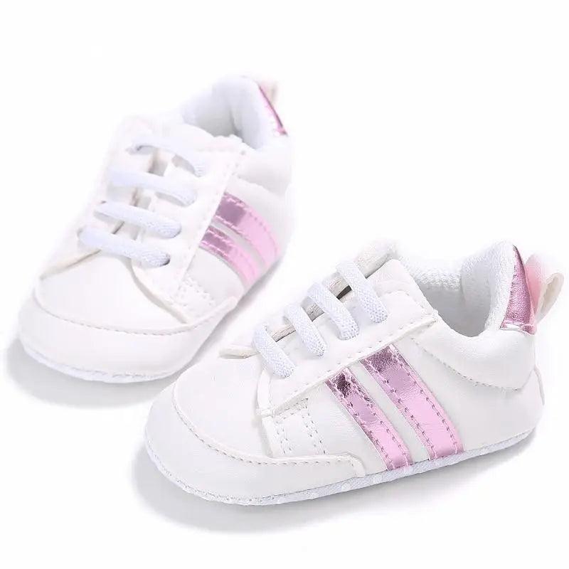 Stevvex white PU leather baby sneakers with pink metallic stripes pair soft sole on Tampa Home & Garden Store