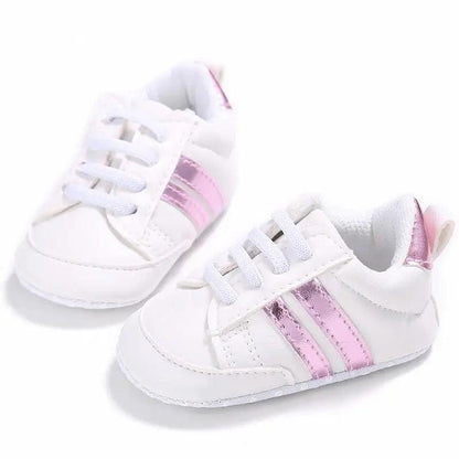 Stevvex white PU leather baby sneakers with pink metallic stripes pair soft sole on Tampa Home & Garden Store