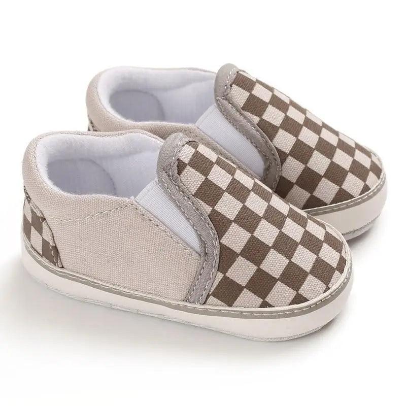 Stevvex baby shoes slip-on moccasins with brown beige checker pattern and PU leather sole on Tampa Home & Garden Store