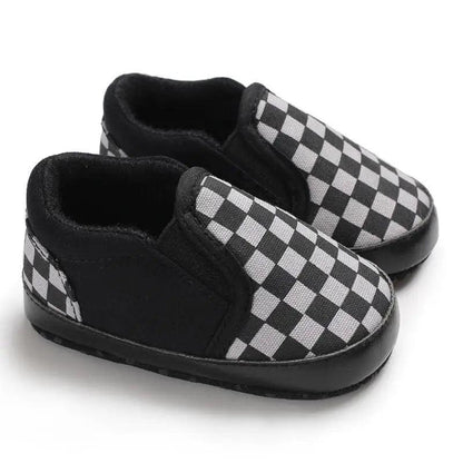 Stevvex baby shoes pair black and white checkerboard PU leather slip-ons with soft sole on Tampa Home & Garden Store