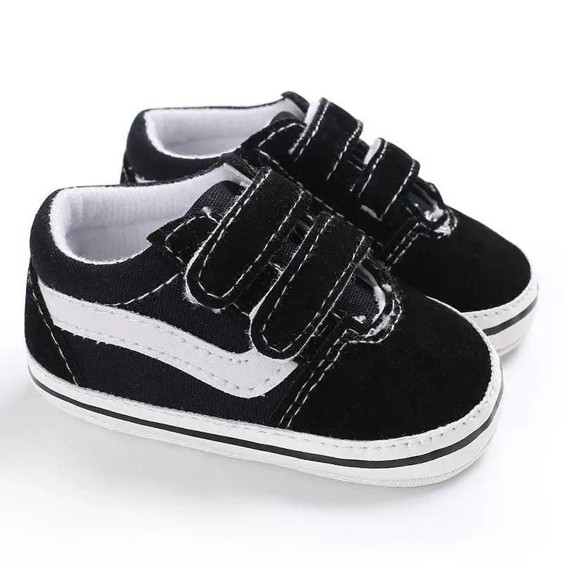 Stevvex baby shoes black PU leather look sneakers with white stripe and Velcro straps on Tampa Home & Garden Store