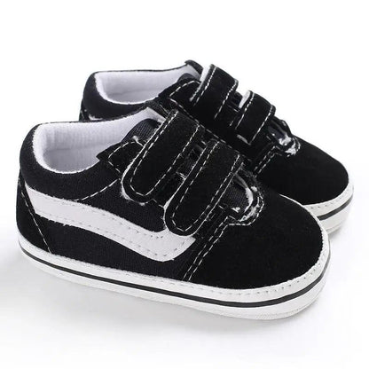 Stevvex baby shoes black PU leather look sneakers with white stripe and Velcro straps on Tampa Home & Garden Store