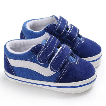 Stevvex baby shoes blue PU leather sneakers with white stripe and dual Velcro straps on Tampa Home & Garden Store