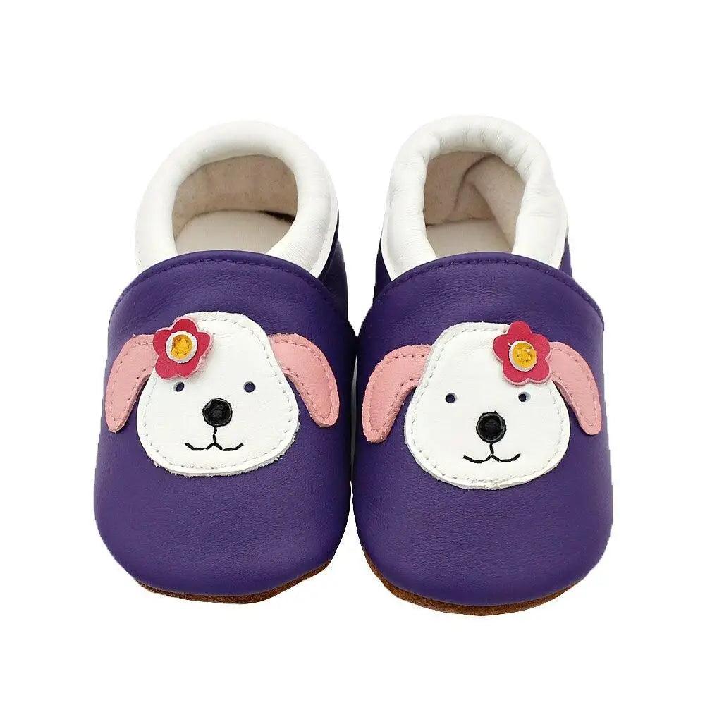 Stevvex leather baby booties pair purple with white dog face appliqué pink ears and flower on Tampa Home & Garden Store