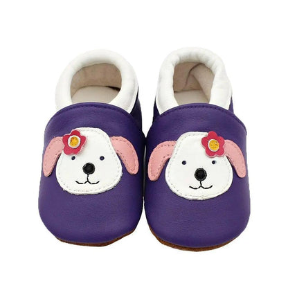 Stevvex leather baby booties pair purple with white dog face appliqué pink ears and flower on Tampa Home & Garden Store