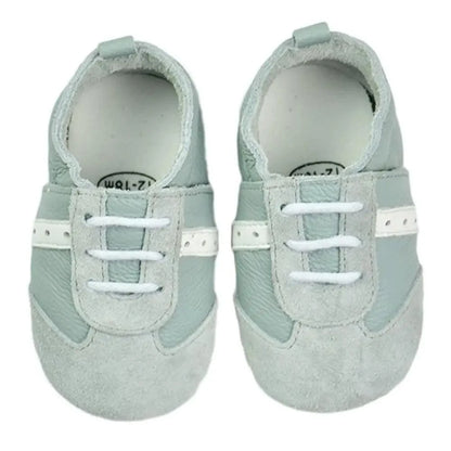 Newborn baby leather moccasin shoes, Stevvex, light blue-gray with white laces pair on Tampa Home & Garden Store